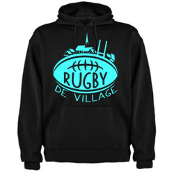 Sweat capuche "Village" Noir/Bleu ciel