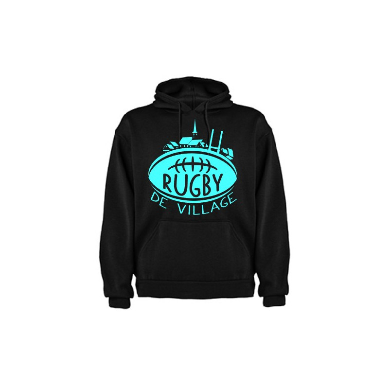 Sweat capuche "Village" Noir/Bleu ciel