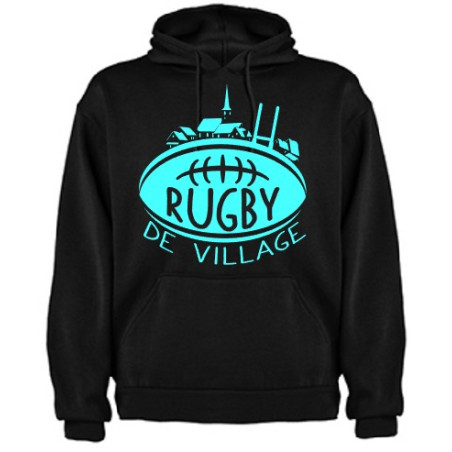 Sweat capuche "Village" Noir/Bleu ciel