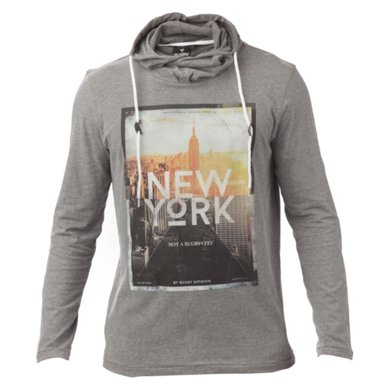 Tee Shirt à capuche col croisé ML Rugby Division "New York " Noir Chiné