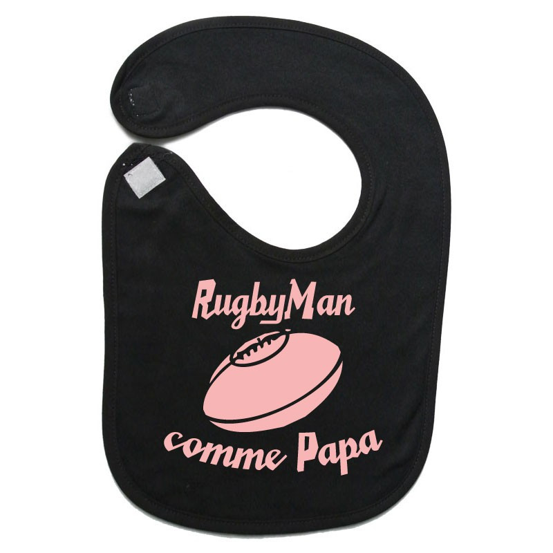 Bavoir bébé "RugbyMan comme Papa" Noir/Rose