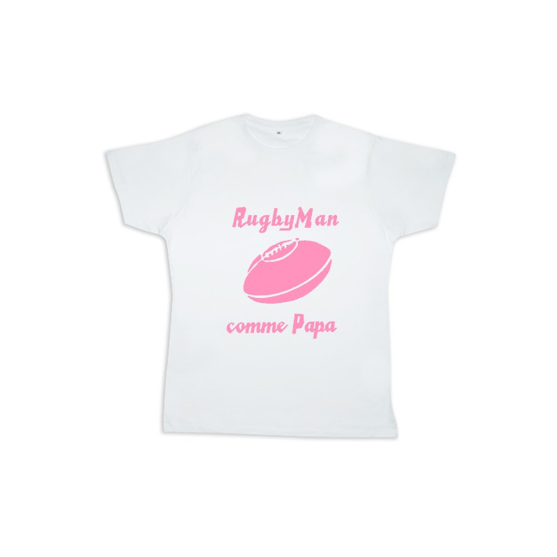 Tee shirt rugby bébé "RugbyMan comme Papa" Blanc/Rose