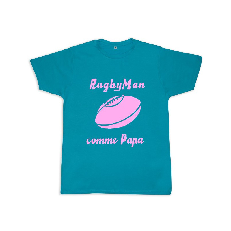 Tee shirt rugby bébé "RugbyMan comme Papa" Bleu/Rose