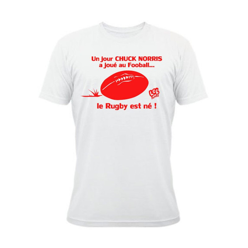 Tee shirt Rugby Humour "Chuck Norris" Football Blanc/Rouge