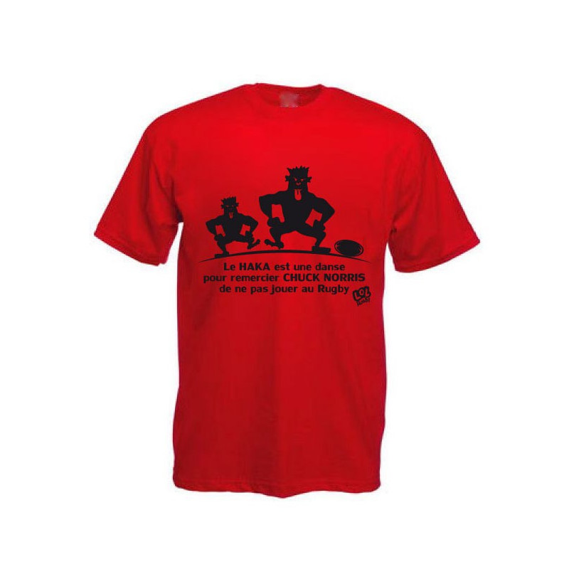 Tee shirt Rugby Humour "Chuck Norris" Haka Rouge/Noir