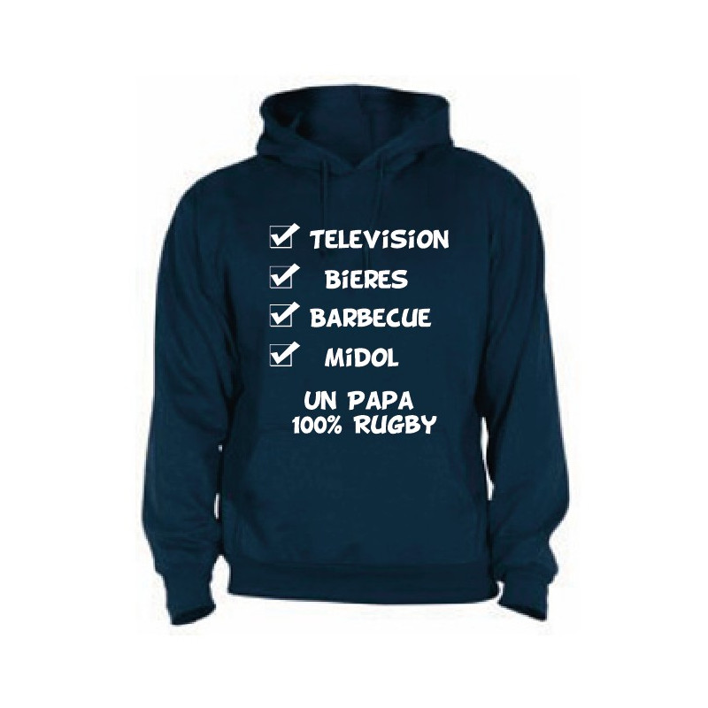 Sweat Capuche "Papa 100 % Rugby" Bleu marine