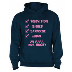 Sweat Capuche "Papa 100 % Rugby" Bleu marine