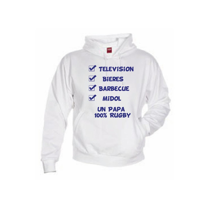 Sweat Capuche "Papa 100 % Rugby" Blanc