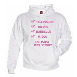 Sweat Capuche "Papa 100 % Rugby" Blanc