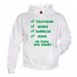 Sweat Capuche "Papa 100 % Rugby" Blanc