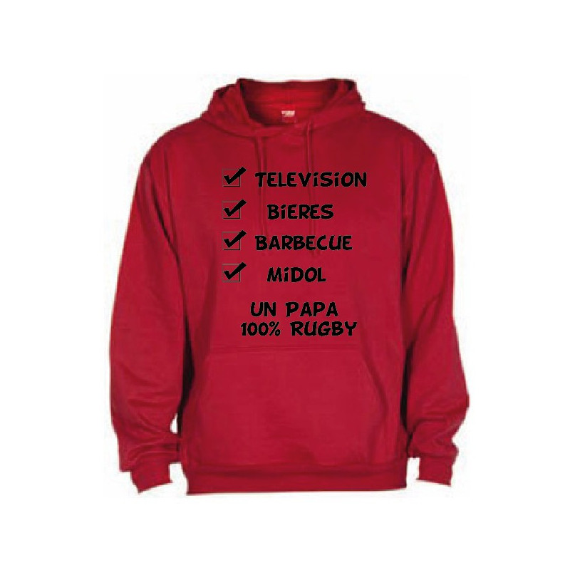 Sweat Capuche "Papa 100 % Rugby" Rouge