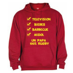 Sweat Capuche "Papa 100 % Rugby" Rouge