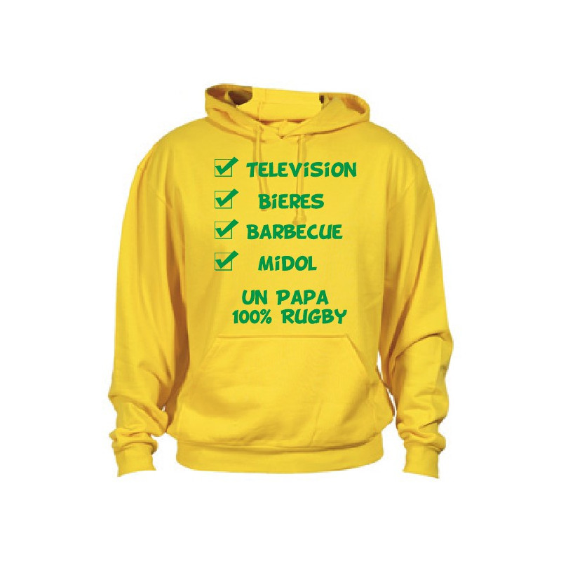Sweat Capuche "Papa 100 % Rugby" Jaune
