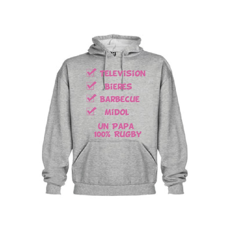 Sweat Capuche "Papa 100 % Rugby" Gris