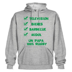 Sweat Capuche "Papa 100 % Rugby" Gris