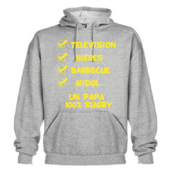 Sweat Capuche "Papa 100 % Rugby" Gris