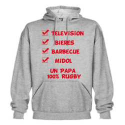 Sweat Capuche "Papa 100 % Rugby" Gris