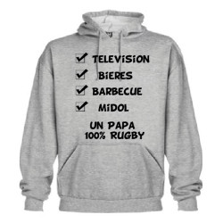 Sweat Capuche "Papa 100 % Rugby" Gris