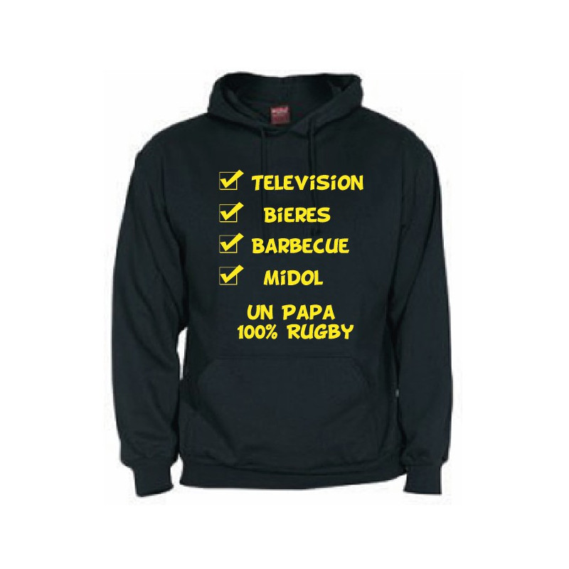 Sweat Capuche "Papa 100 % Rugby" Noir