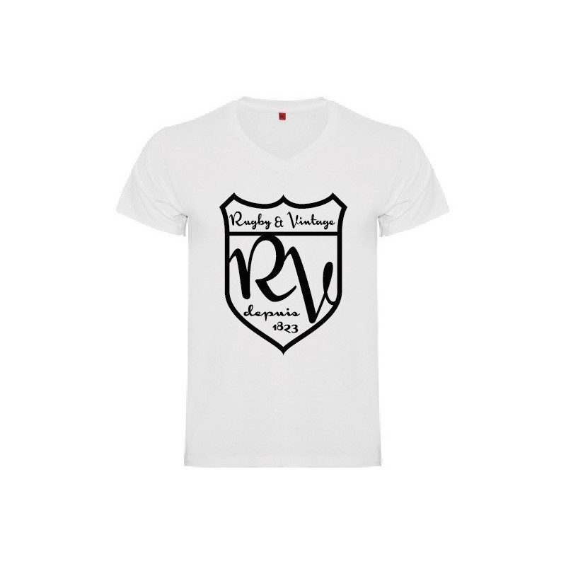 Tee Shirt col V Rugby & Vintage Ecusson blanc