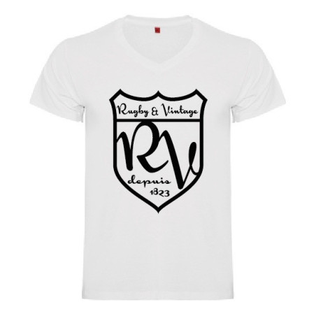 Tee Shirt col V Rugby & Vintage Ecusson blanc