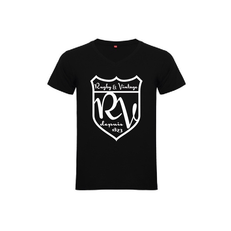 Tee Shirt col V Rugby & Vintage Ecusson noir