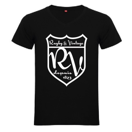 Tee Shirt col V Rugby & Vintage Ecusson noir