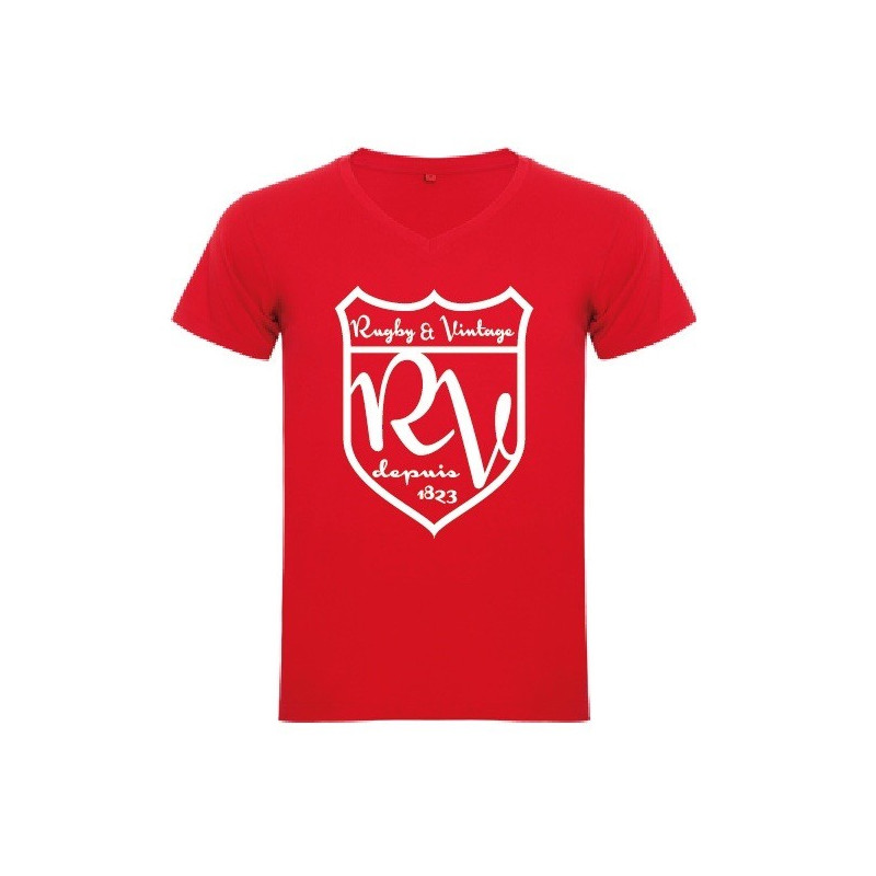 Tee Shirt col V Rugby & Vintage Ecusson Rouge