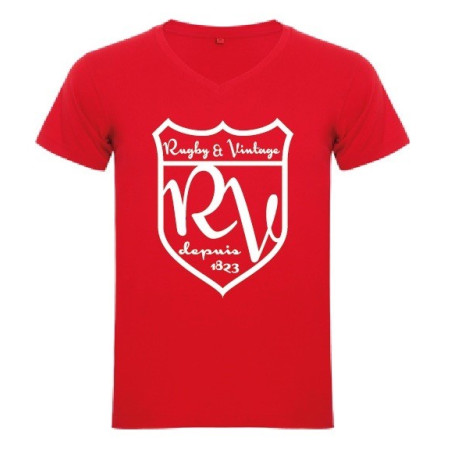 Tee Shirt col V Rugby & Vintage Ecusson Rouge