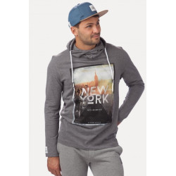 Tee Shirt à capuche col croisé ML Rugby Division "New York " Noir Chiné